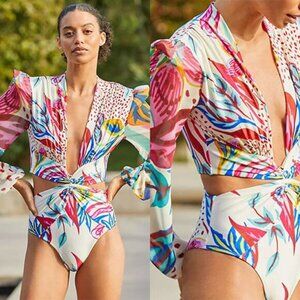 NWT Patbo Flora Cut-Out Padded Plunge Gold Tone Body Suit Multi Color Size: XS